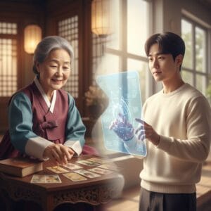 전통 한복을 입은 노년의 한국 여성이 나무 탁자 위에서 타로 카드를 연구하는 모습과, 젊은 한국 남성이 빛나는 홀로그램 AI 인터페이스를 사용하여 데이터를 분석하는 모습이 대비를 이룹니다. 이 이미지는 전통적인 점술에서 AI 기반 개인 맞춤형 사주로의 전환이라는 기사의 주제를 시각적으로 표현하며, 2026년 예측에서 고대 지혜와 현대 기술의 융합을 강조합니다.