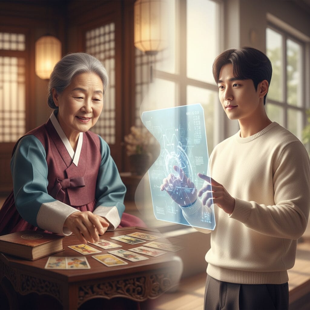 전통 한복을 입은 노년의 한국 여성이 나무 탁자 위에서 타로 카드를 연구하는 모습과, 젊은 한국 남성이 빛나는 홀로그램 AI 인터페이스를 사용하여 데이터를 분석하는 모습이 대비를 이룹니다. 이 이미지는 전통적인 점술에서 AI 기반 개인 맞춤형 사주로의 전환이라는 기사의 주제를 시각적으로 표현하며, 2026년 예측에서 고대 지혜와 현대 기술의 융합을 강조합니다.