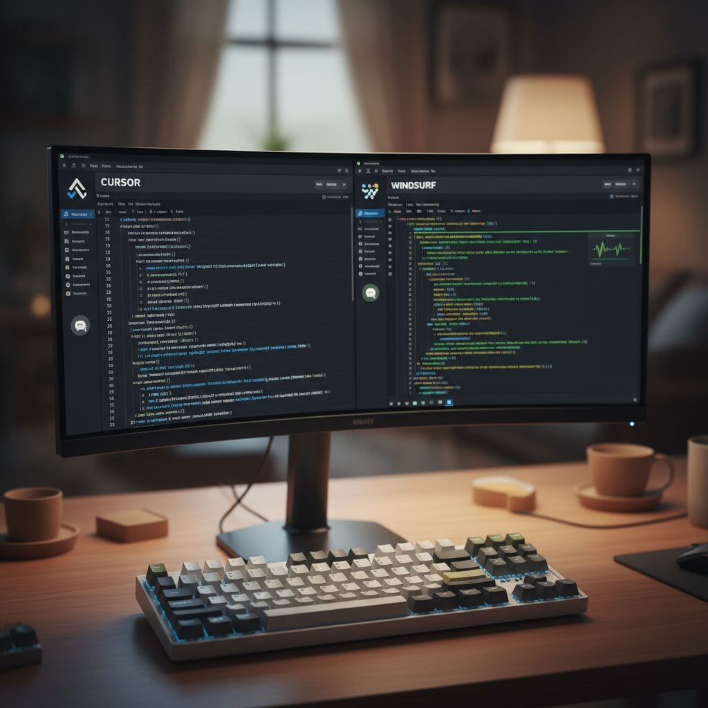 에디터의 작업 환경 구성. 모니터와 키보드가 비치되어있는책상