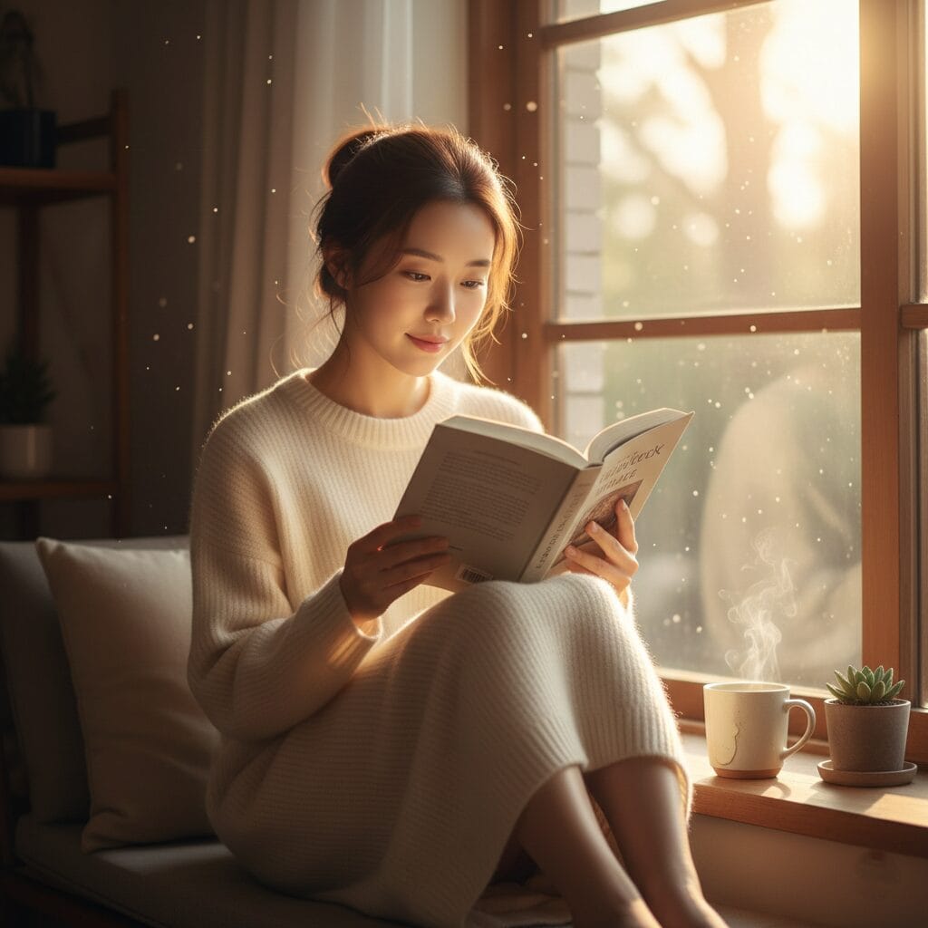 햇살이 비치는 창가에 앉아 책을 읽는 여자의 모습