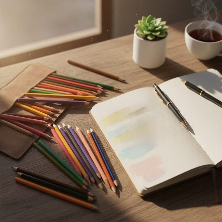 색색깔의 연필과 노트, 그리고 커피한잔