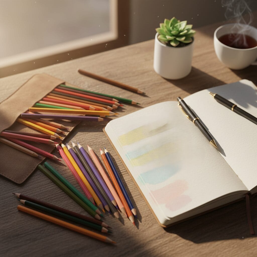 색색깔의 연필과 노트, 그리고 커피한잔