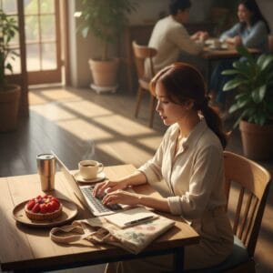 카페 책상에 앉아 여유롭게 노트북으로 일을 하는 여자의 모습