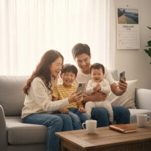 거실 소파에 앉아 행복하게 웃고있는 화목한 가족의 모습