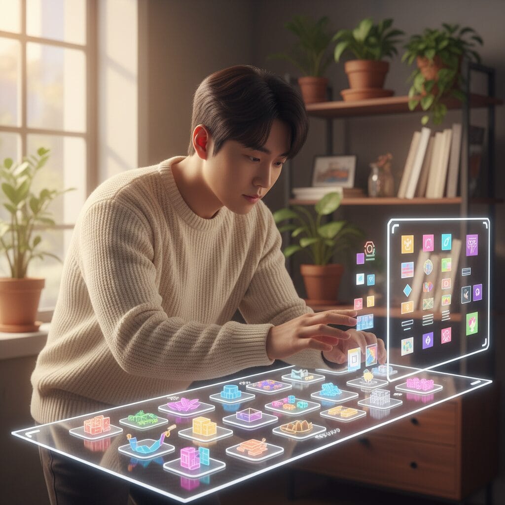 젊은 남성이 빛나는 홀로그램 인터페이스와 상호작용하며, 다채로운 3D 데이터 블록과 앱 아이콘을 정리하는 모습. 이는 제로 클릭 시대에 AI 요약 및 생성형 엔진 최적화(GEO)를 위한 구조화된 콘텐츠의 중요성을 시각적으로 표현합니다.