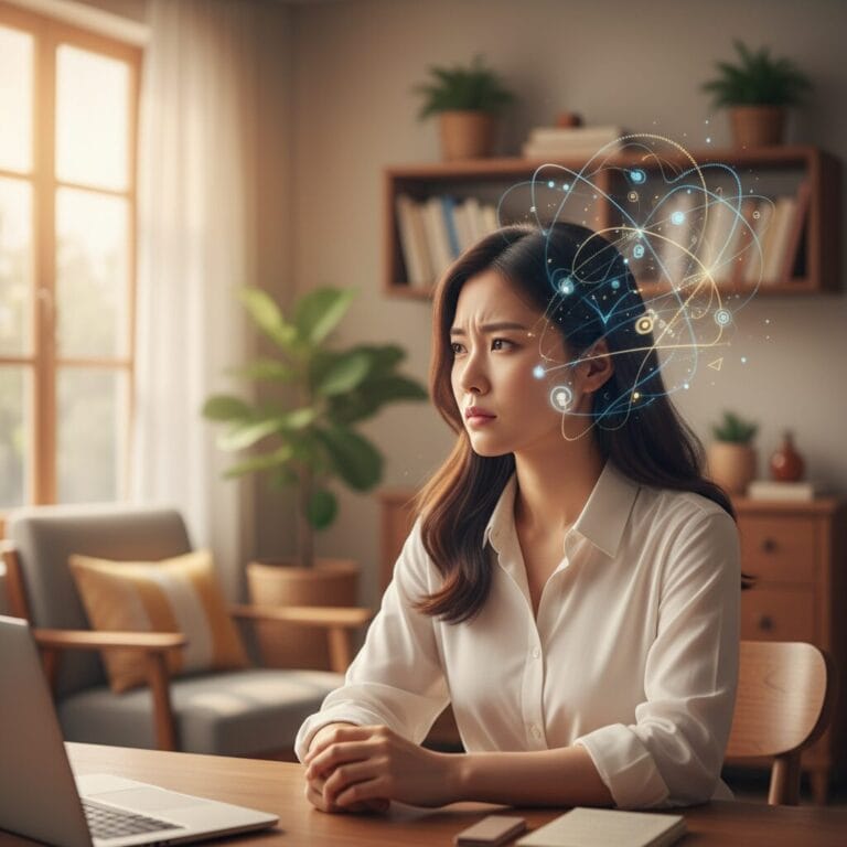 블로거나 콘텐츠 제작자가 책상에 앉아 디지털 세상을 깊이 생각하고 있습니다. 그녀의 머리에서 빛나는 상호 연결된 노드와 선들이 뻗어 나와 '제로 클릭' 시대와 생성형 엔진 최적화(GEO)를 헤쳐나가기 위해 필요한 복잡한 데이터 및 AI 전략을 보여줍니다.