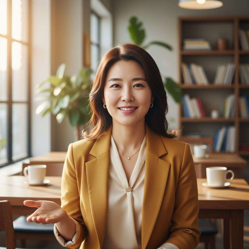 무언가를 안내하는듯한 포즈를 취한 여성의 모습