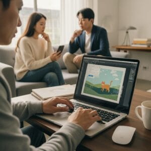 까페에서 노트북으로 일을하는 모습