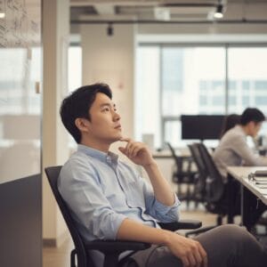 회의실에서 고민하는 한국인 남성의 모습