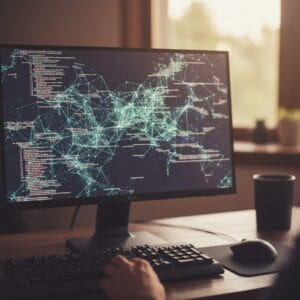 ai가 소스를 리팩토링하는 모습을 모니터에 신경망 모양으로 시각화한 이미지