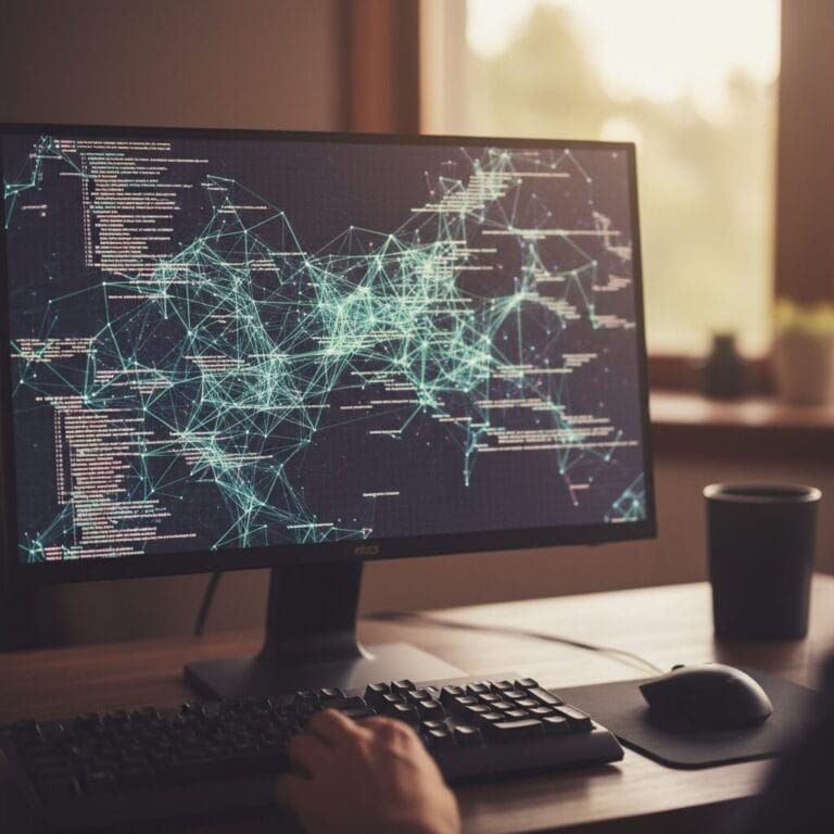 ai가 소스를 리팩토링하는 모습을 모니터에 신경망 모양으로 시각화한 이미지