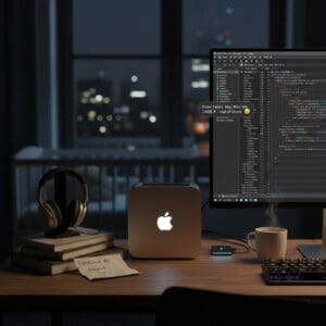 책상에 놓인 맥미니와 모니터의 이미지