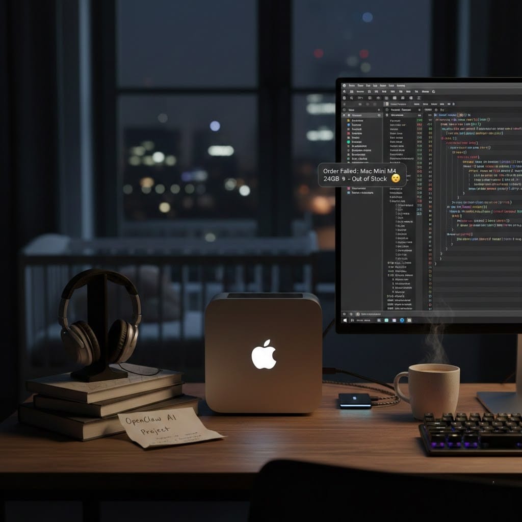 책상에 놓인 맥미니와 모니터의 이미지